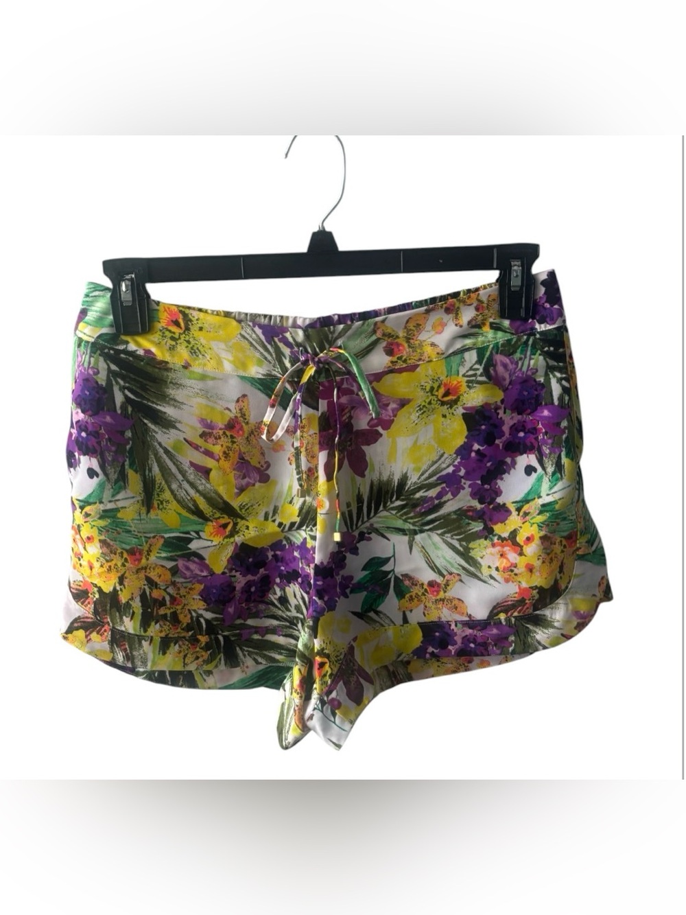 Jennifer Lopez Tropical Floral High-Waist Drawstring Shorts in Yellow & Purple